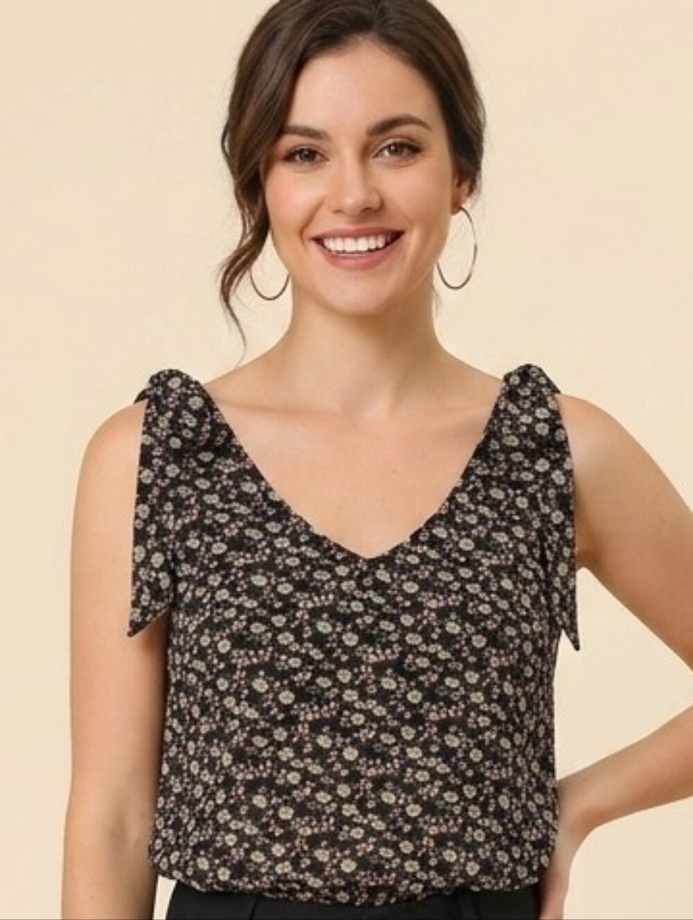 Ditsy Floral Tank Top XL Black Chiffon Style Tie Strap Summer Blouse